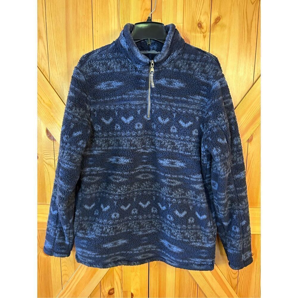 Alpine Sherpa Pullover Jacket Quarter Zip Navy Print Long Sleeve Fuzzy Medium (0